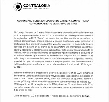 El concurso de méritos de la Contraloría quedó interrumpido desde el 17 de septiembre y se reanudará el 1 de enero de 2027 - crédito @CGR_Colombia/X