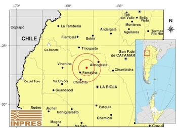 Mapa geográfico con un punto rojo rodeado por círculos concéntricos sobre la zona de Famatina y el logotipo de INPRES en la esquina inferior