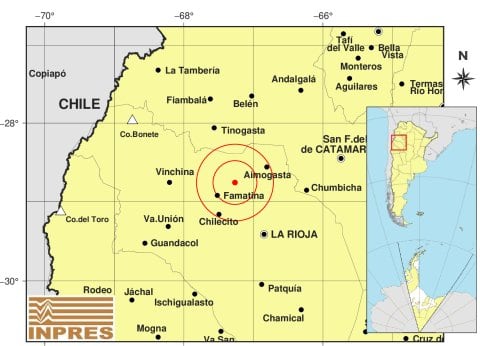 Un mapa del Instituto Nacional de Prevención Sísmica de Argentina ubica el epicentro de un sismo entre Famatina y Aimogasta en La Rioja. (INPRES)
