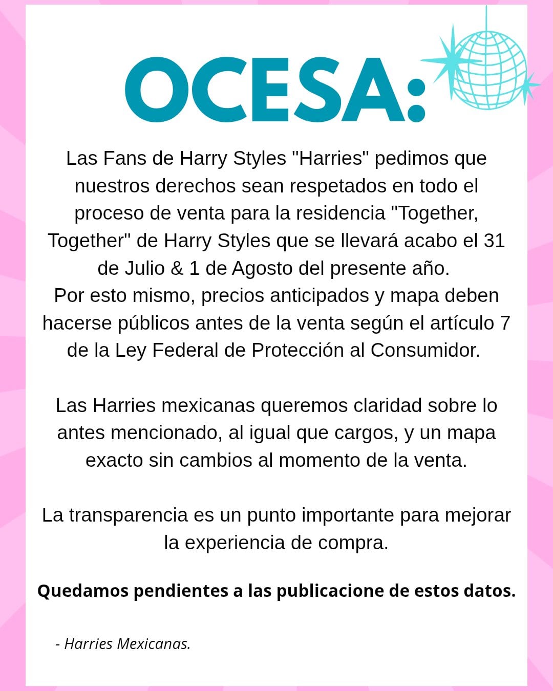 Los Harries mexicanos pidieron a OCESA y Ticketmaster que publiquen información precisa sobre costos, cargos y el mapa del Estadio GNP Seguros antes de que comience la ansiada preventa del Together, Together Tour. (X/ @forestpurpose)