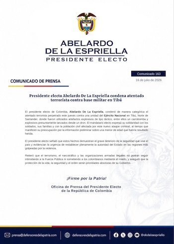 De La Espriella condenó el atentado con carro bomba contra una base militar en Tibú, Norte de Santander, y lo vinculó con el deterioro de la seguridad en el país - crédito @defensoresco/X