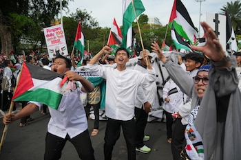 Manifestantes ondean banderas palestinas mientras