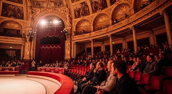 Interior de un circo o teatro clásico con un escenario circular, asientos rojos escalonados y un público en butacas doradas, con balcones ornamentados.