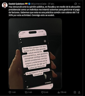 Publicación en la que Daniel Quintero Calle advierte sobre un presunto intento de soborno a través de WhatsApp para intervenir en pagos del sistema de salud, caso ya en manos de la Fiscalía General de la Nación - crédito Daniel Quintero/X