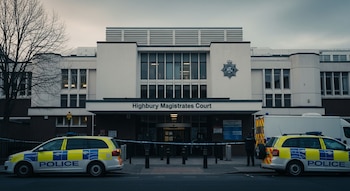Fachada del Tribunal de Magistrados de Highbury con dos vehículos policiales estacionados, una cinta azul de seguridad policial y un árbol sin hojas bajo un cielo nublado.