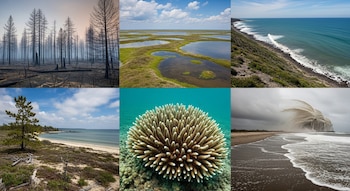 Collage de seis imágenes: bosque quemado, marisma, costa rocosa, playa con pinos, arrecife de coral y playa con arena arrastrada por el viento.