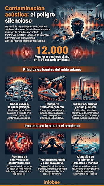 Infografía que muestra el impacto del ruido urbano: un hombre estresado, gráficos de tráfico, aviones, trenes, fábricas, corazón, cabeza y ecosistemas dañados.