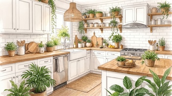 Cocina de estilo acuarela con gabinetes blancos, encimeras de madera, fregadero, estufa, lavavajillas, ventana y diversas plantas en macetas y estantes.