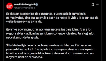 La Secretaría de Movilidad de Bogotá inició gestiones para rastrear el vehículo y aún no confirmó la identidad del conductor - crédito X