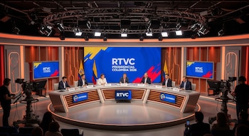 Estudio de televisión de RTVC con una mesa semicircular y seis personas. Grandes pantallas muestran 'RTVC PRESIDENCIAL COLOMBIA 2026' y banderas colombianas.