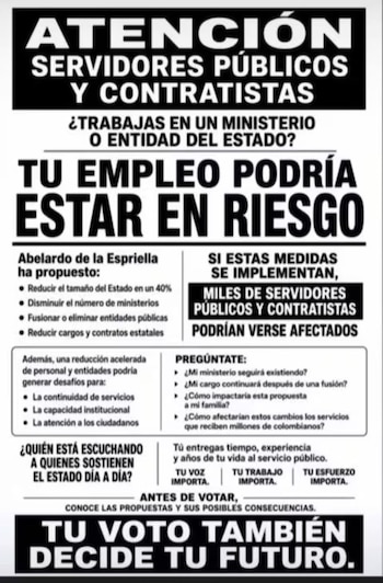 La pieza gráfica difundida por el gremio advierte que la continuidad de cargos y contratos estaría en juego si prosperan cambios planteados en el sector público, con efectos también en familias y servicios - crédito grupos de difusión