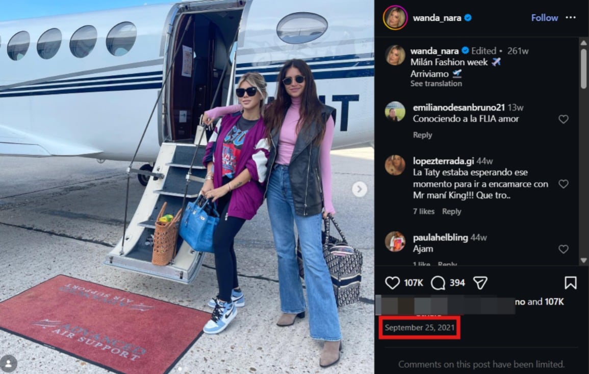 Tan solo un día antes de concretarse el affaire, Wanda posó junto a su hermana Zaira y anunció su presencia en la Semana de la Moda en Milán (Instagram)