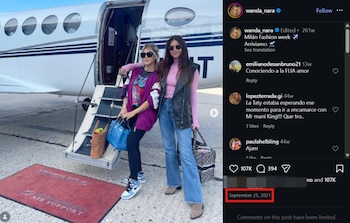 Tan solo un día antes de concretarse el affaire, Wanda posó junto a su hermana Zaira y anunció su presencia en la Semana de la Moda en Milán (Instagram)
