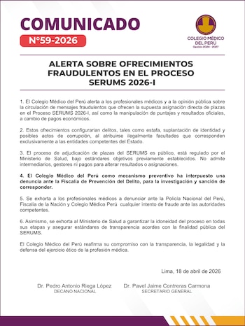 Serums 2026-1 Minsa Colegio Médico del Perú - Comunicado - Perú - 20 abril