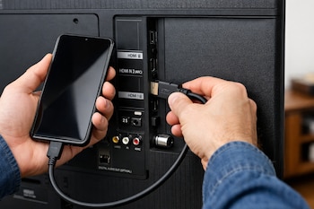 Una persona sostiene un teléfono móvil y conecta un cable HDMI a un puerto trasero de un televisor negro.