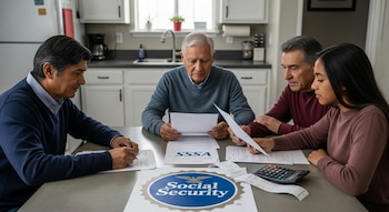 Cuatro personas hispanas, dos hombres, un anciano y una joven, revisan documentos del Seguro Social con el logo de la SSA, una calculadora y recibos sobre una mesa en una cocina.