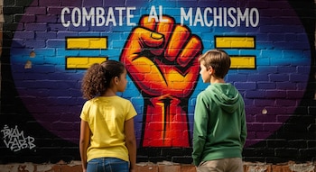 Una niña con camiseta amarilla y un niño con sudadera verde miran un mural azul de ladrillo con un puño naranja y las palabras 'COMBATE AL MACHISMO'.