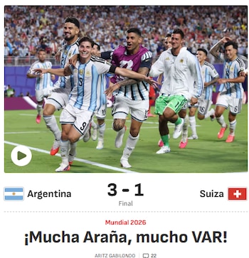 Titular de noticia sobre deporte, fútbol y Copa Mundial. Texto: Argentina 3 Suiza 1. Jugadores Messi, Álvarez, Martínez. Semifinal contra Inglaterra