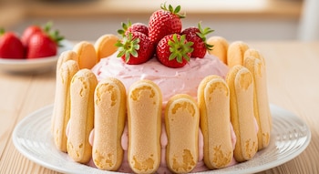 Vista cercana de una carlota de fresa cremosa con glaseado rosa pálido, rodeada por galletas de soletilla y coronada con fresas rojas frescas.
