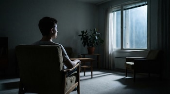 Vista trasera de una persona sentada en un sillón, mirando por una ventana. La habitación está oscura, solo iluminada por la luz exterior de la noche.