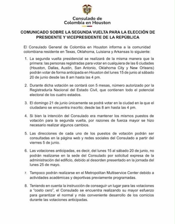 Comunicado Consulado de Colombia en Houston sobre las votaciones de segunda vuelta - crédito Consulado de Colombia en Houston