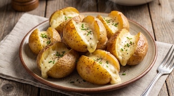 Papas horneadas abiertas rellenas de queso, espolvoreadas con pimienta y cebollín en un plato cerámico junto a un tenedor y una servilleta.