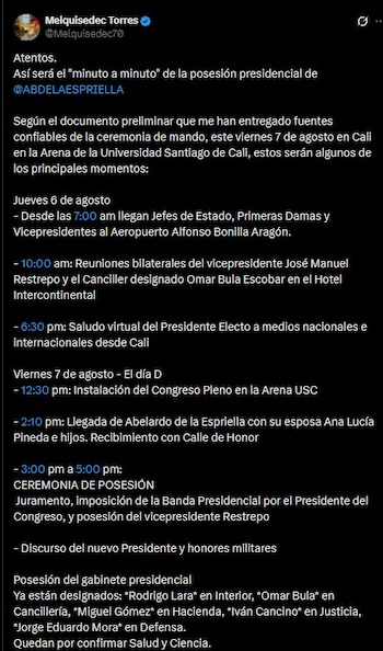 Melquisedec Torres publicó un documento preliminar que, según aseguró, fue entregado por fuentes de la organización y detalla el posible desarrollo de la posesión presidencial de Abelardo de la Espriella - crédito Melquisedec Torres/X