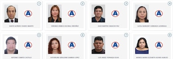 Ocho tarjetas de identificación de candidatos. Cada una muestra la foto de un rostro, un nombre y el logo del partido La Libertad (círculo rojo con una 'A' azul)