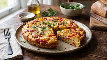 Tortilla de papas y pimiento rojo cortada en un plato de cerámica, acompañada por un tenedor, aceite de oliva y un pan de campo.