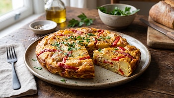 Receta de tortilla de papas con morrón al horno, rápida y fácil