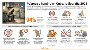 Infografía con datos estadísticos, ilustraciones sobre escasez de alimentos y el logotipo de Infobae en la parte inferior.