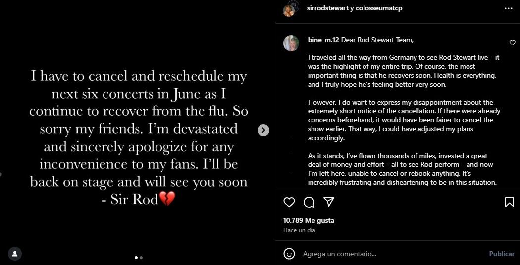 Rod Stewart afirmó que se siente devastado por tener que cancelar sus presentaciones. (Instagram/Rod Stewart)