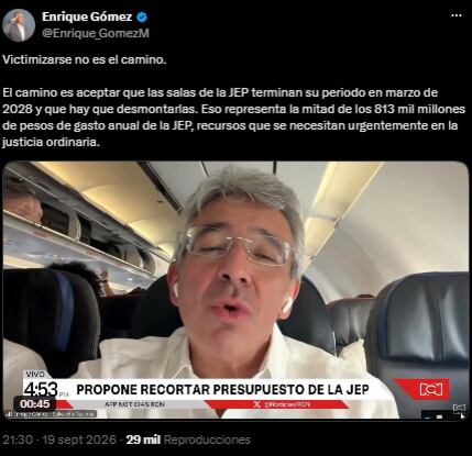 Enrique Gómez habló sobre la JEP - crédito @Enrique_GomezM/X
