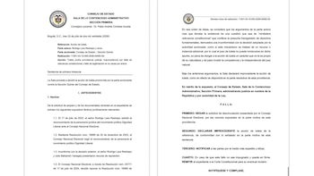 Auto del Consejo de Estado que declaró improcedente la tutela contra las decisiones relacionadas con la personería jurídica de Dignidad Liberal - crédito Consejo de Estado