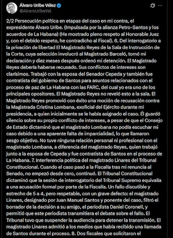 Publicación de Álvaro Uribe en