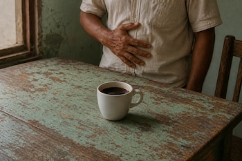 Un hombre con camisa clara coloca su mano sobre el abdomen tras una mesa de madera con una taza de café negro.
