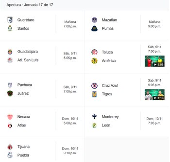 Horarios para la jornada 17