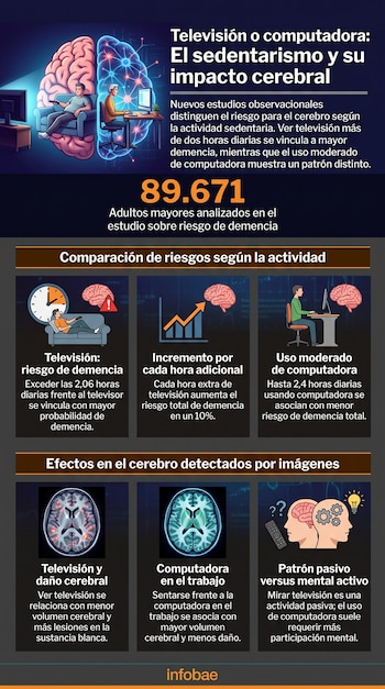 Infografía sobre impacto del sedentarismo: dos mitades de cerebro, un hombre viendo televisión, otro usando computadora. Incluye datos, gráficos e imágenes cerebrales.