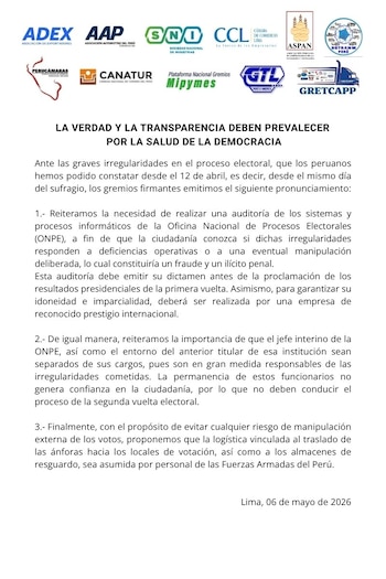 Gremios empresariales exigen auditoría internacional a la ONPE antes de proclamar resultados de primera vuelta.