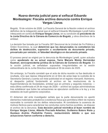 La Fiscalía General de la Nación archivó la investigación contra Enrique Vargas Lleras y otros directivos de la Cámara de Comercio de Bogotá por presuntos delitos relacionados con documentos privados - crédito @EnriqueVargasLl/X