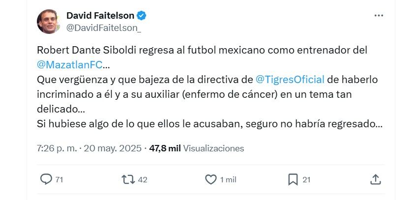 Faitelson se lanzó contra Tigres tras la contratación de Siboldi con Mazatlán (X/ @DavidFaitelson_)