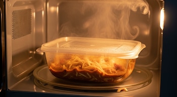 Primer plano de un envase de plástico transparente con pasta y salsa roja caliente, del cual sale vapor, dentro de un microondas con la luz encendida.