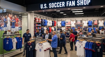 Interior de una tienda de la Selección de Fútbol de Estados Unidos, con clientes y personal entre estantes llenos de camisetas azules y blancas de fútbol.