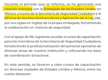 El reporte apunta que la coordinación con la INL facilita entrenamientos en Chicago, Austin y Nueva Orleans para integrantes de la dependencia, en el marco de los acuerdos de cooperación en materia antinarcóticos y aplicación de la ley. (Tercer Informe de Gobierno de Mariana del Pilar)