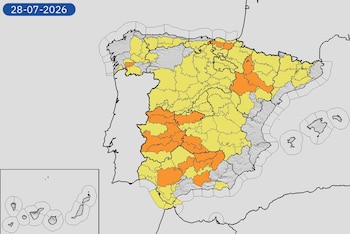 Mapa de alertas meteorológicas para este martes, 28 de julio de 2026. (Aemet)