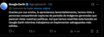 Google anunció que revirtió la función de crear imágenes con IA dentro de Google Earth. (X)