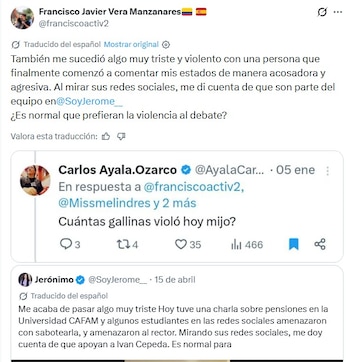 Un joven líder ambiental colombiano publicó evidencias de agravios recibidos en el marco de un debate, poniendo en cuestión la posibilidad de entablar discusiones constructivas sobre asuntos sociales - crédito @franciscoactiv2 / X