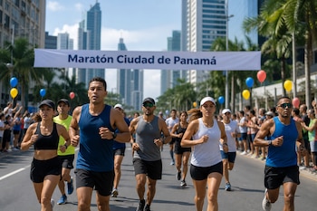Un grupo de personas corre por una avenida bajo una pancarta de la Maratón Ciudad de Panamá, rodeado de edificios y espectadores.