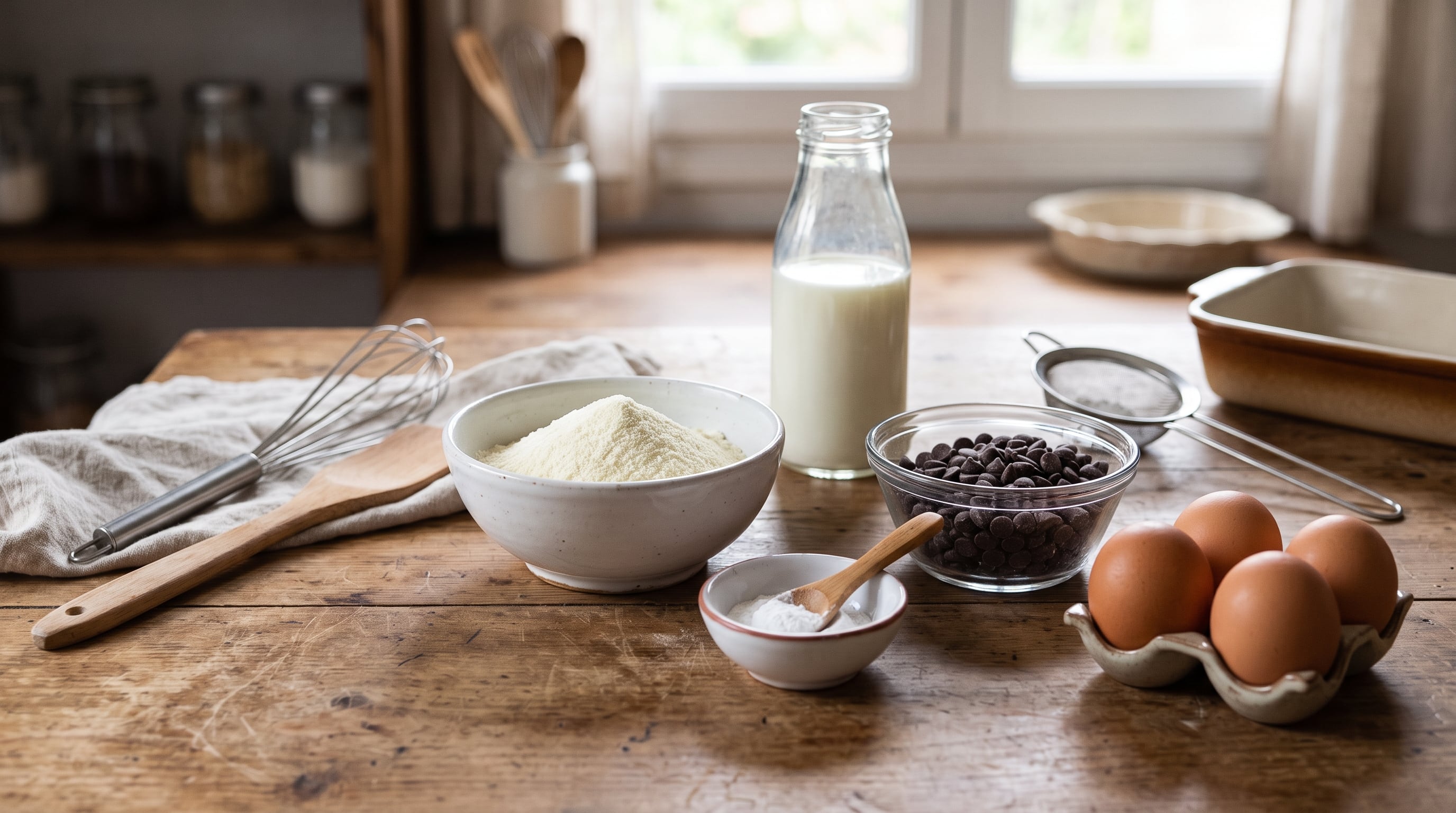 Los ingredientes para la elaboración de un pan de leche con pepitas de chocolate reposan sobre una mesa de madera en una cocina. (Imagen Ilustrativa Infobae)