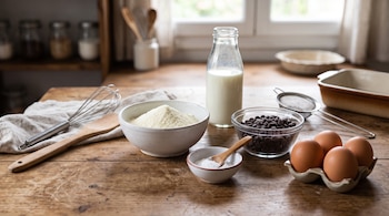Un tazón con leche en polvo, un recipiente con pepitas de chocolate, huevos, levadura y una botella con leche sobre una mesa de madera.